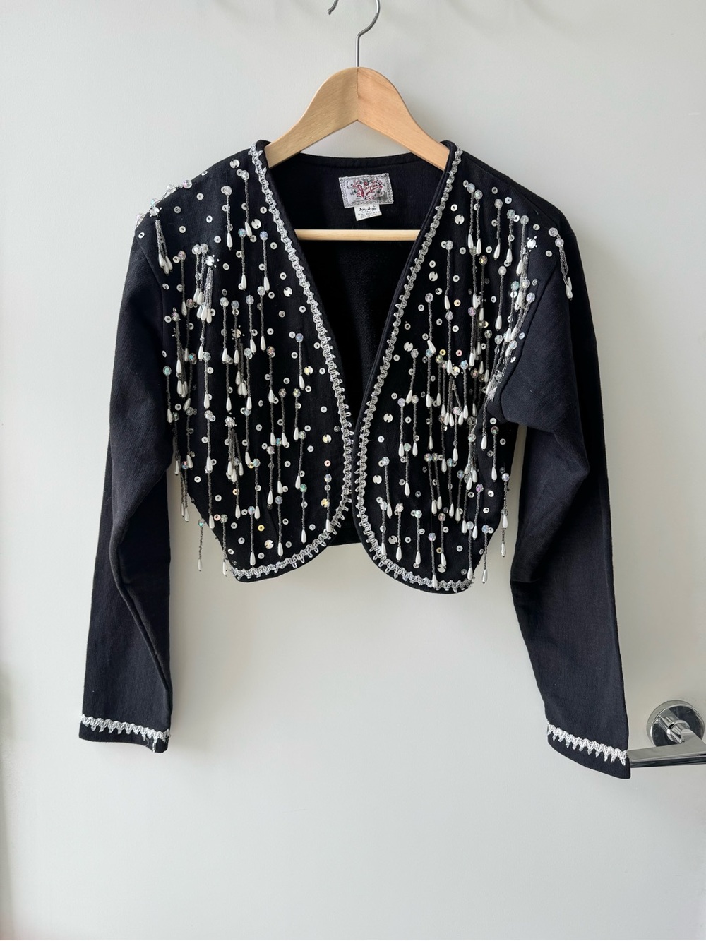 Jou Jou Black Cropped Blazer with Silver Sequin Fringe small festive sweater